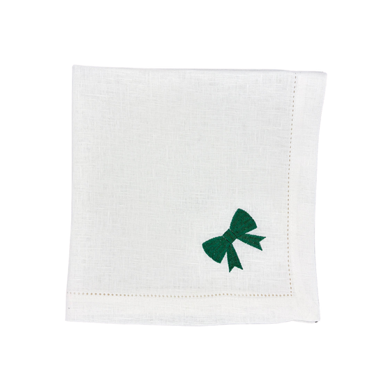 Linen Napkin in White with Classic Bow in Hunter Green made with 100% European Linen - La Dinette