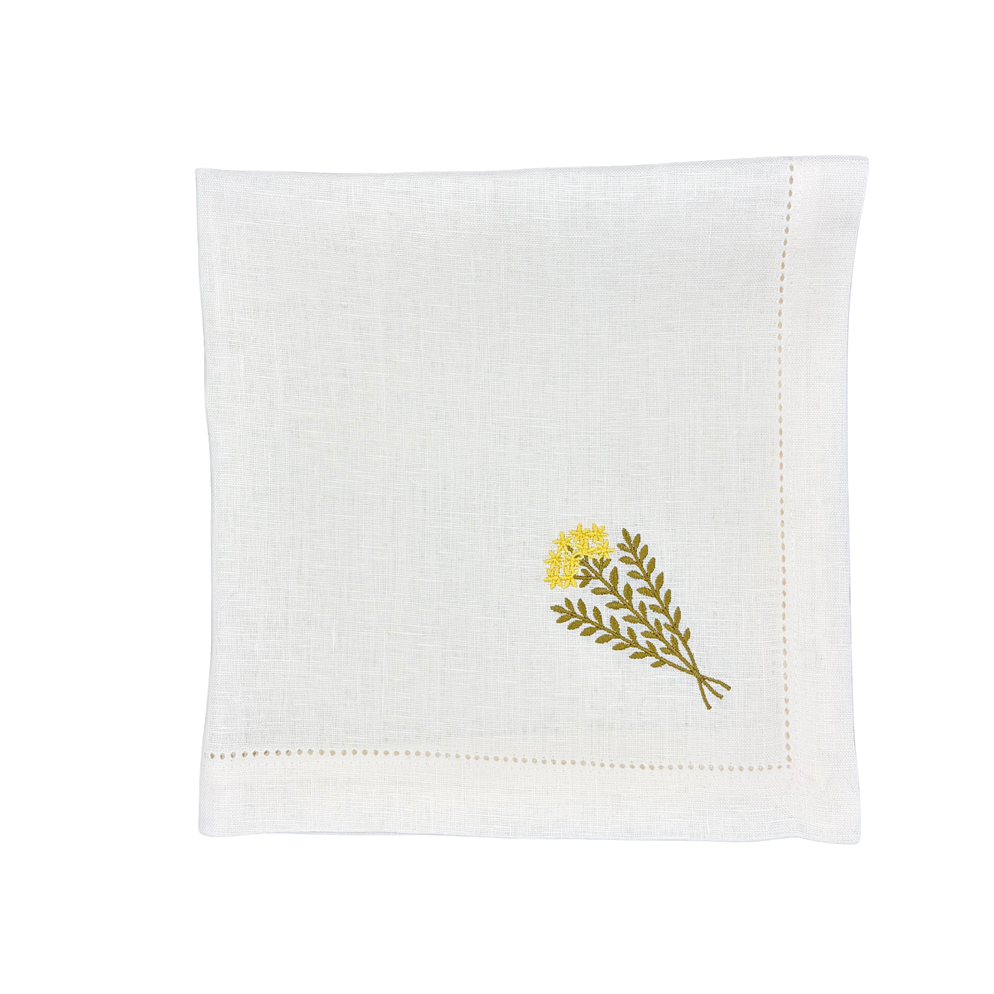 Linen Napkin in White with Mustard Flower made with 100% European Linen - La Dinette
