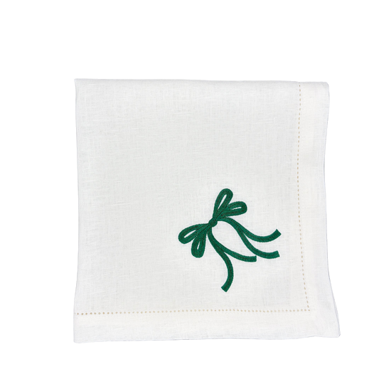 Linen Napkin in White with Bow in Hunter Green made with 100% European Linen - La Dinette