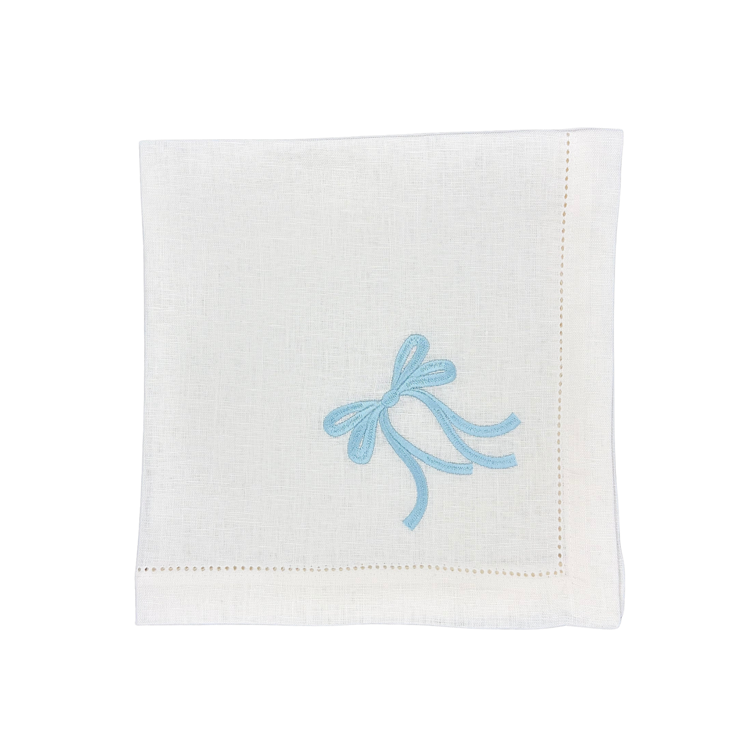 Linen Napkin in White with Bow in Light Blue made with 100% European Linen - La Dinette