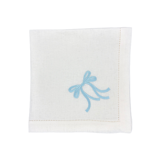 Linen Napkin in White with Bow in Light Blue made with 100% European Linen - La Dinette