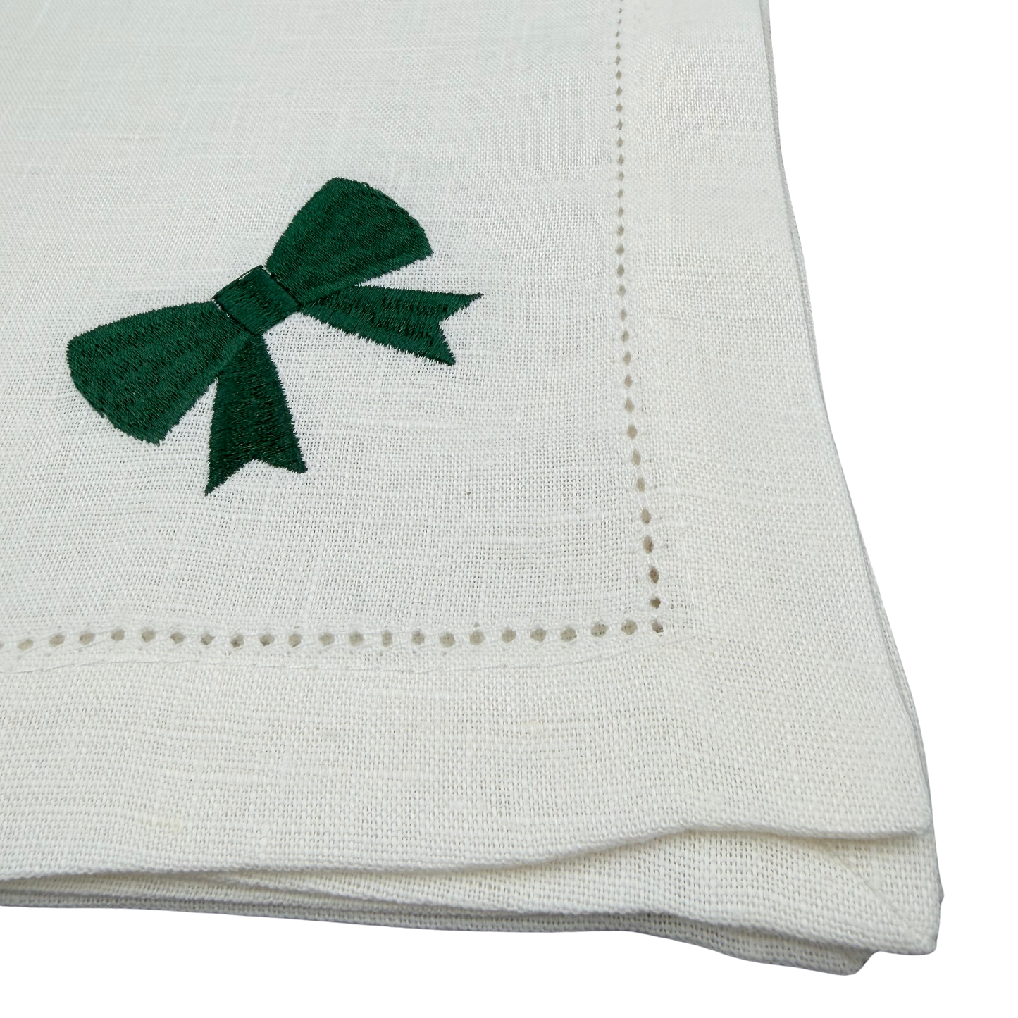 Linen Napkin in White with Classic Bow in Hunter Green made with 100% European Linen - La Dinette