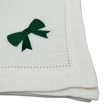 Linen Napkin in White with Classic Bow in Hunter Green made with 100% European Linen - La Dinette