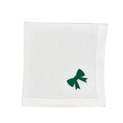 Linen Napkin in White with Classic Bow in Hunter Green made with 100% European Linen - La Dinette