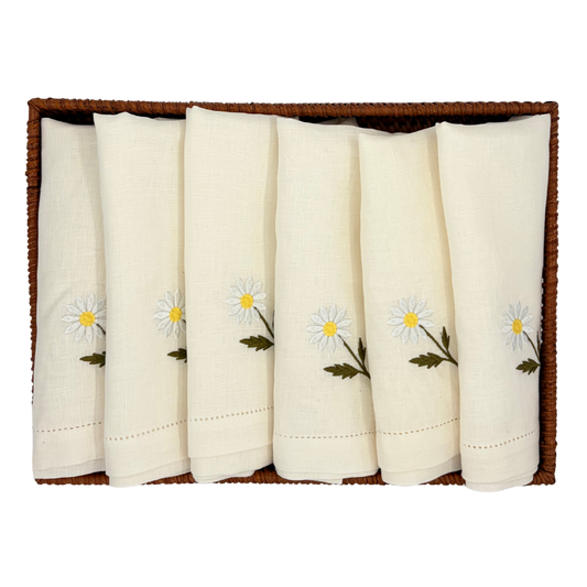 6 x Hørserviet - Margueritblomst