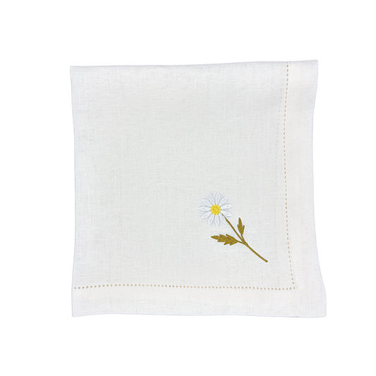Linen Napkin in White with Chamomile Flower made with 100% European Linen - La Dinette