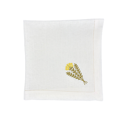 Linen Napkin in White with Mustard Flower made with 100% European Linen - La Dinette