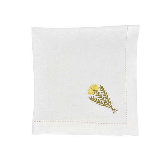 Linen Napkin in White with Mustard Flower made with 100% European Linen - La Dinette