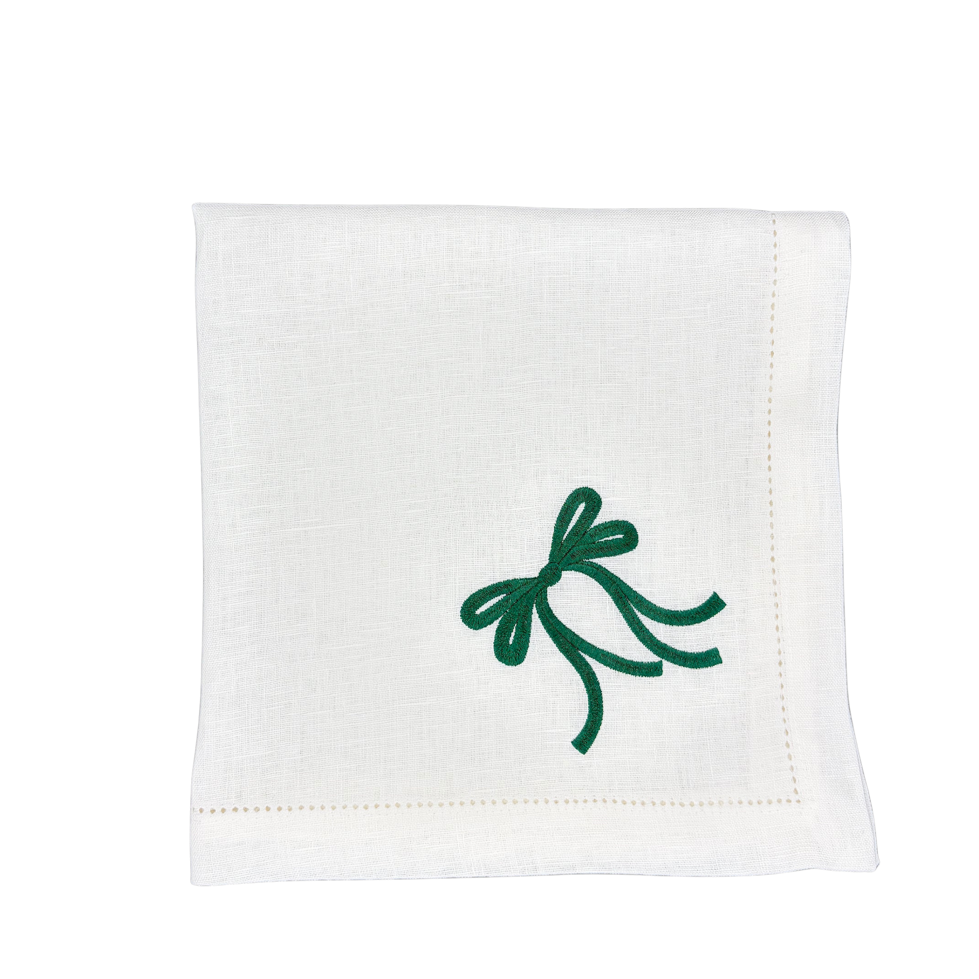 Linen Napkin in White with Bow in Hunter Green made with 100% European Linen - La Dinette