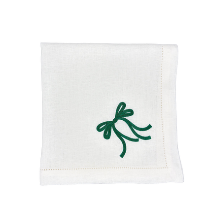Linen Napkin in White with Bow in Hunter Green made with 100% European Linen - La Dinette