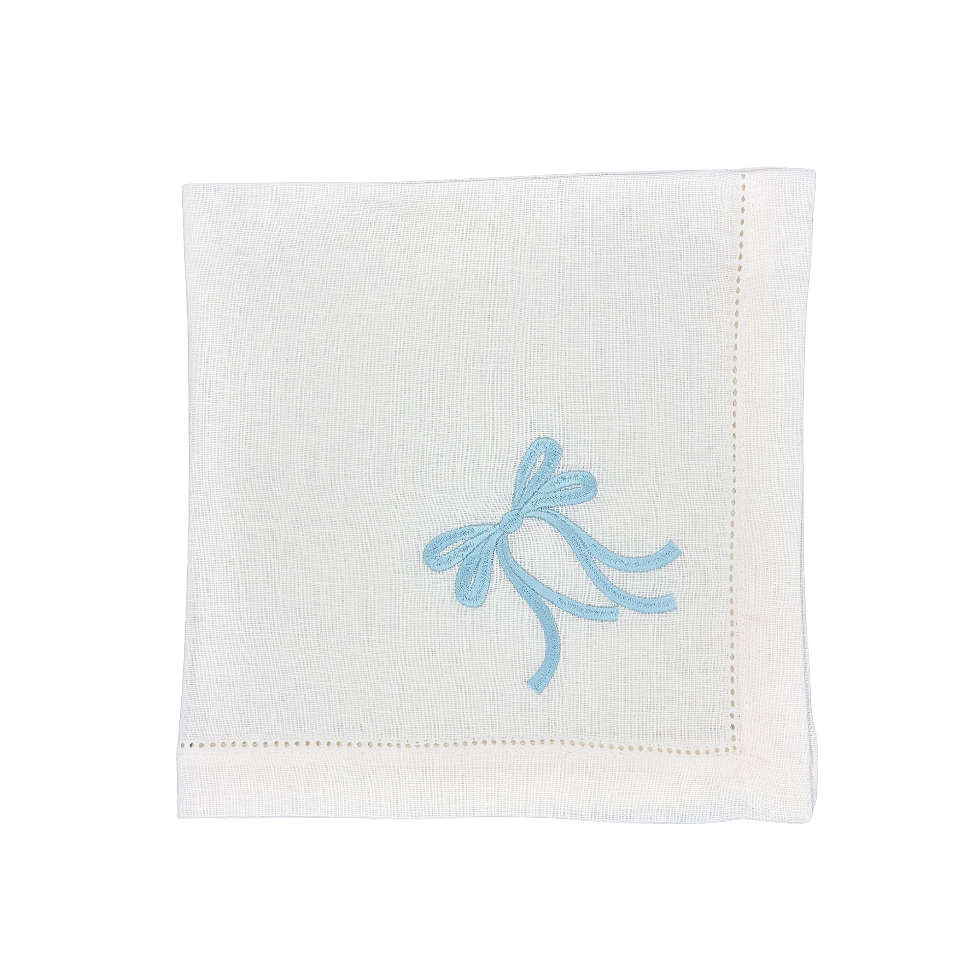 Linen Napkin in White with Bow in Light Blue made with 100% European Linen - La Dinette