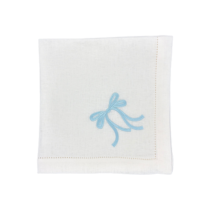 Linen Napkin in White with Bow in Light Blue made with 100% European Linen - La Dinette